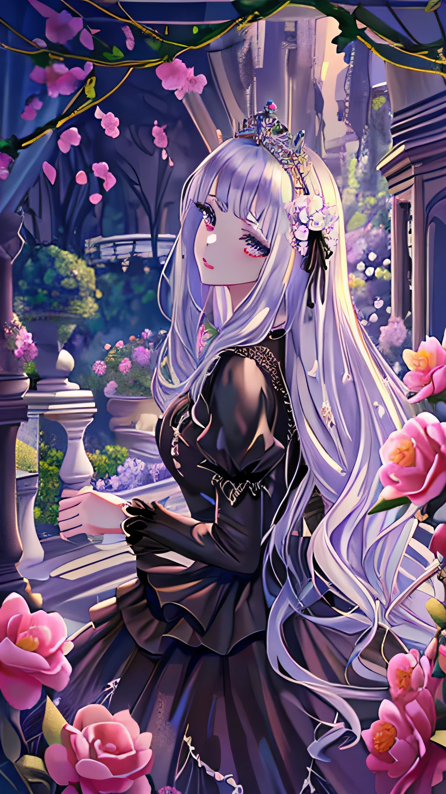 beautiful girl, wearing a dress, painting, beautiful garden background, facing forward, royal theme, black dress, long white hair, princess