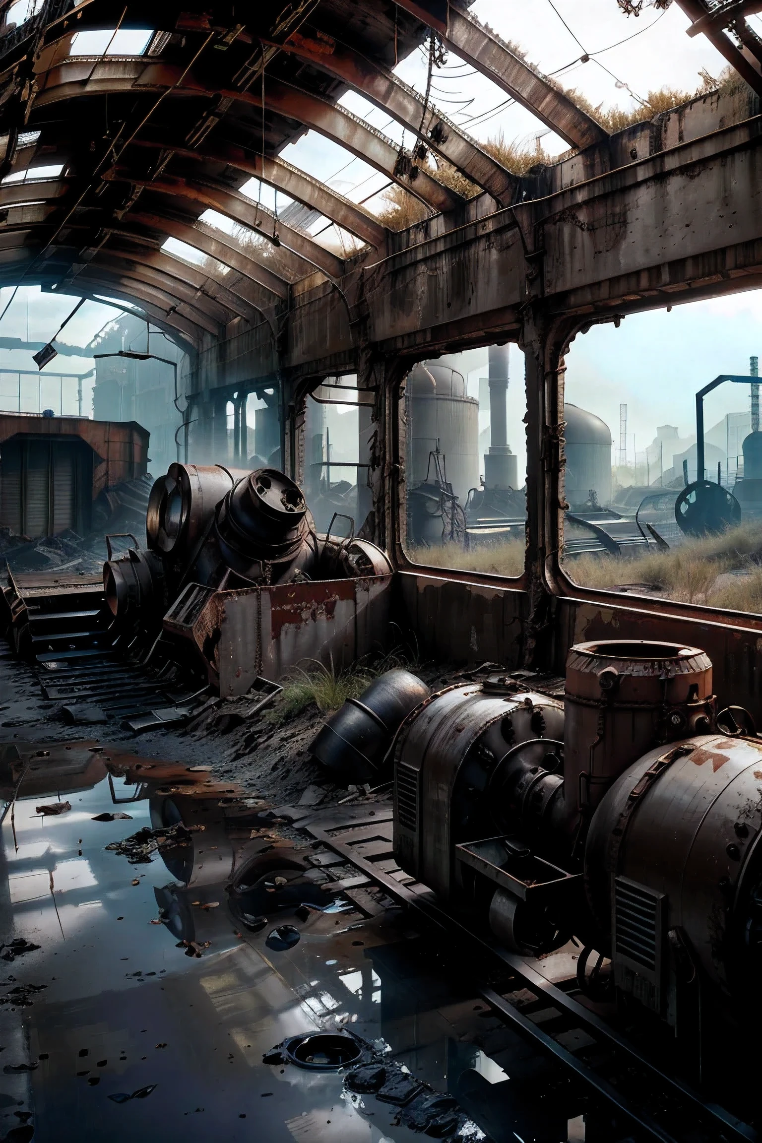 (photo focusing on abandoned industrial machinery), abandoned coal mine landscape, weathered machine, ((ruined trolley train, abandoned heavy equipment, industrial waste)), quiet, desolate, minimalist, industrial atmosphere, heavy equipment, spider web, dusty, eerie silence, crumbling walls, rust, overgrown vegetation, remnants of past activities, dark space, broken window, calm colors, mysterious atmosphere