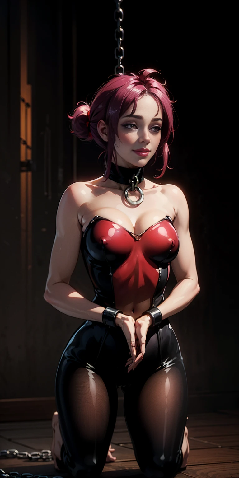 full body kneeling bondage girl, Latex girl, lustful smirking smile red blushed red cheeks, torn apart, chain leash, (hands behind the head), shackleDSM, high ponytails (black background)