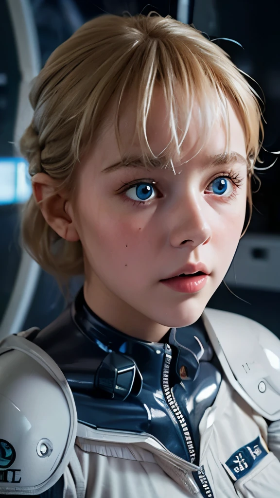 一位短直金发丝质瑞典女孩, 砰, 明亮的蓝眼睛, 15岁, 年轻的, 皮肤苍白, 受惊, 不安全的表达, 超高分辨率, 超高清, (真实感:1.4), 娃娃脸, 在宇宙飞船里, 穿着未来派宇航服, 携带未来派激光枪, 出汗