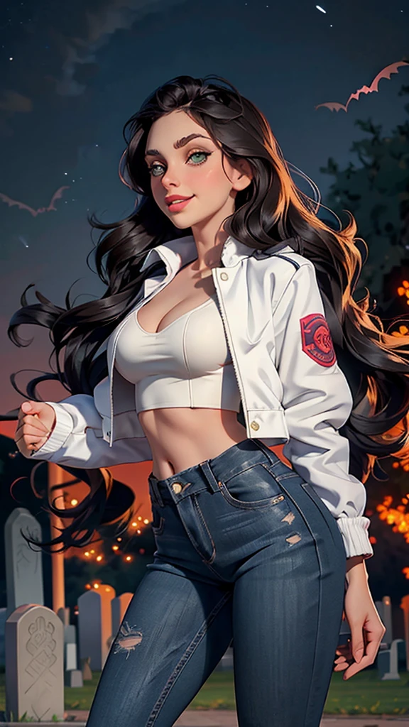 Woman, white skin, green eyes, black hair, wavy hair, straight hair, bangs, long hair, hair in the wind, cemetery at night, tight jeans, black boots, very low-cut blouse, white blouse, open jacket, red jacket, horror , great cleavage, smiling, looking at camera, red lips, athletic, bats in the sky, scary atmosphere, frontal shot. Alison Brie.
