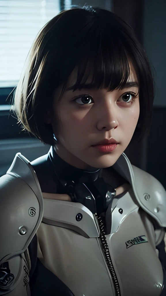 A short straight silky haired japan girl, bang, bob cut, dark eyes, 15 years old, young, pale skin, frightened, insecure expression, Ultra high res, uhd, (photorealistic:1.4), doll-like face, in spaceship, wearing futuristic spacesuit, carrying futuristic laser gun, sweaty