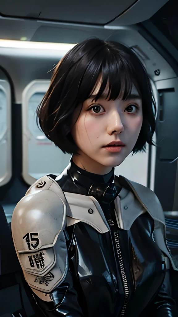 短直丝质头发的日本女孩, 砰, 鲍勃剪裁, 黑眼睛, 15岁, 年轻的, 皮肤苍白, 受惊, 不安全的表达, 超高分辨率, 超高清, (真实感:1.4), 娃娃脸, 在宇宙飞船里, 穿着未来派宇航服, 携带未来派激光枪, 出汗