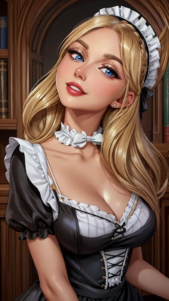 A pretty maid. best quality, masterpiece, gold blond hair, sky blue eyes, wearing a steriotypical French maid outfit, (headdress、white blouse、black ribbon、White Apron、ruffle skirt、puff sleeves、collar、choker、apron with fine ruffles：1.3)、black maid costume). looking up, upper body,hair strand,Fair skin, Large chest,. Adorable, mature Woman,detailed big-eyed woman, round face. promenent red lips. Smileing,In the mansion library, large ass, Picture from the side,looking at the scenes, intense colors, Very valuable details, complex details, volumetric lighting, digital art, 8k, trending on Artstation, Clear focus, complex details, highly detail, Greg Rutkowski Big Eyes, high-resolution, flaxen-gold-hair. Laura Vandervoortr., attractive chest, .Photorealistic. Confidence, self esteem, assertiveness, dominance. wide Amused smile. Sultry expression. , Cleavage. Perky bosum. Laura Vandervoort
