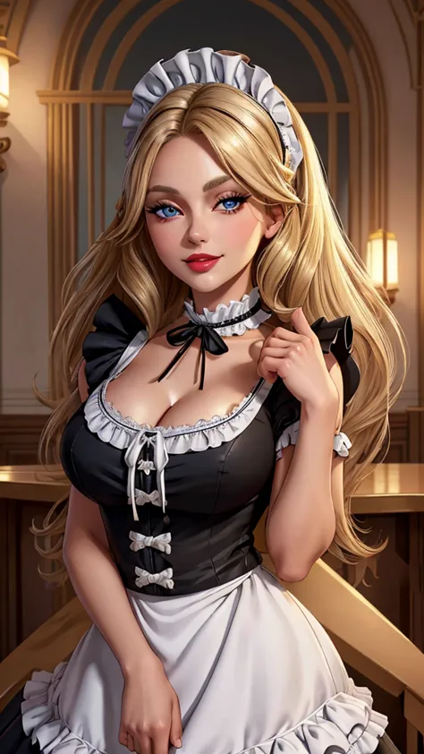 A pretty maid. best quality, masterpiece, gold blond hair, sky blue eyes, wearing a steriotypical French maid outfit, (headdress...