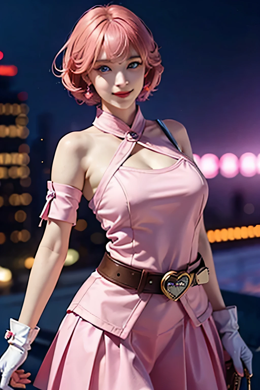 1 girl,cowboy shot, beautiful norah_valkyrie, looking at the viewer, smile, short hair, blue eyes,heart cutout, gloves,  Jacket, pink skirt, pink belt, short sleeve, plump sleeves, single arm band, fingerless gloves, orange hair, pink gloves, dynamic pose, night, outdoor, city, (volume lighting), highest quality, masterpiece, intricate details, tone mapping, sharp focus, very detailed, Trending with ArtStation,
