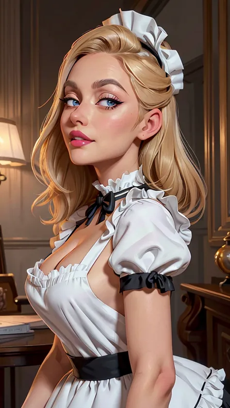 a pretty maid. best quality, masterpiece, gold blond hair, sky blue eyes, wearing a steriotypical french maid outfit, (headdress...