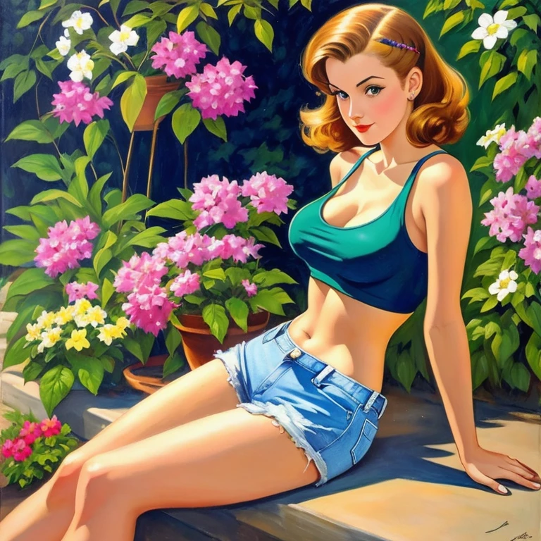 A sensual Rachel Cook, shopping at a garden center.   Flowers, shrubs.  (((wearing a low cut, tight fitting tank top and short, ripped denim shorts, and white running shoes))), medium breasts, cleavage, navel, toned abs. Sideboobs.  (((White running shoes, no socks))). (((Bright blue eyes))).  Full body portrait, pin-up painting from the '50s, in the art style of Alberto Vargas,, award-winning, masterpiece  