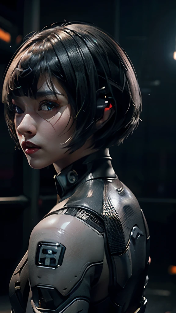 A short straight silky haired japan girl, bang, bob cut, dark eyes, 15 years old, young, pale skin, frightened, insecure expression, Ultra high res, uhd, (photorealistic:1.4), doll-like face, outdoor, futuristic environment, she is a  futuristic lethal enforcer, carrying a laser gun