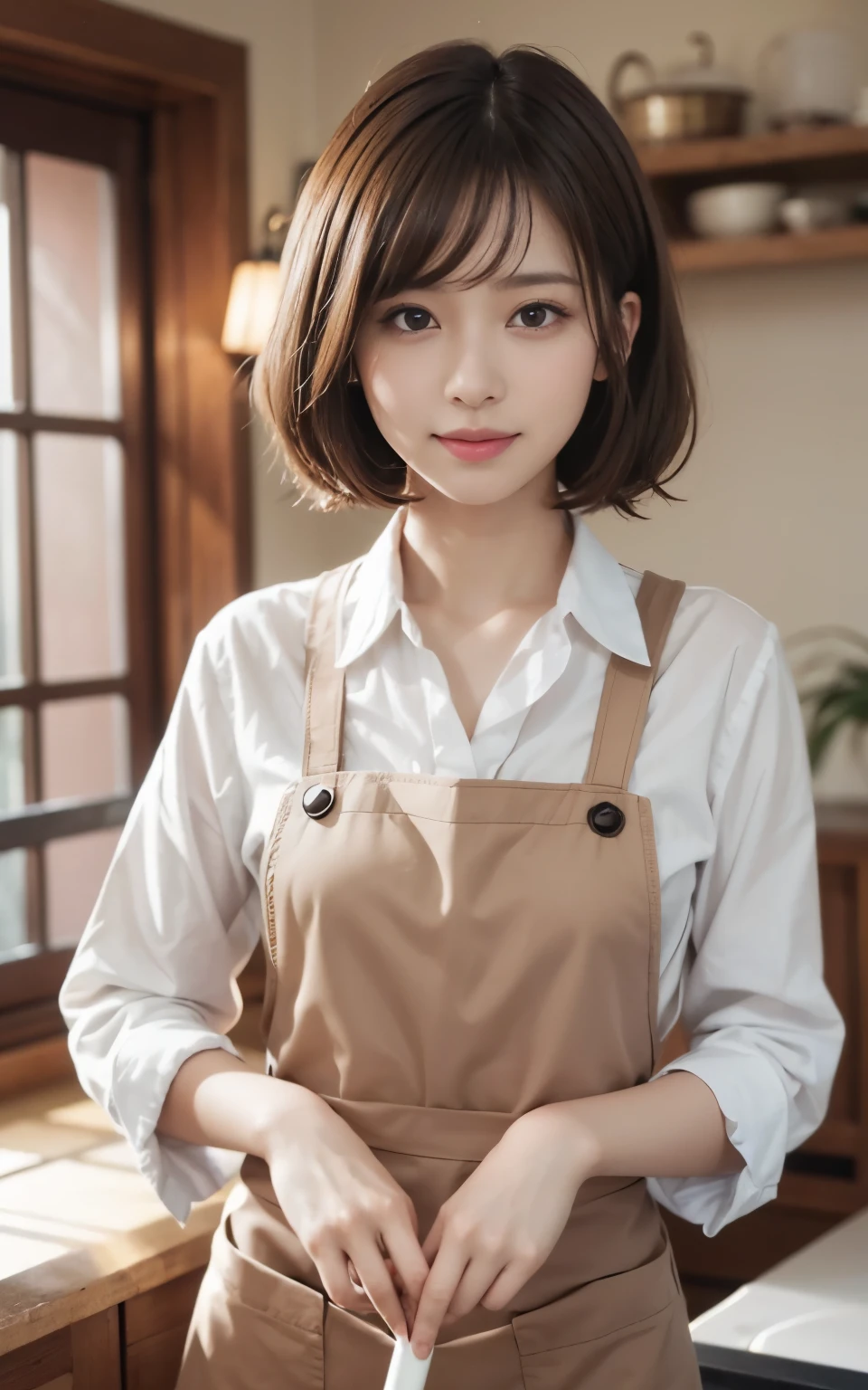 cute 21 year old japanese、cleaning、spring cleaning、with a broom、apron,super detail face、pay attention to details、double eyelid、beautiful thin nose、sharp focus:1.2、Beautiful woman:1.4、(light brown hair,short hair、),pure white skin、highest quality、masterpiece、ultra high resolution、(Photoreal:1.4)、Highly detailed and professional lighting、nice smile、Please show me your whole body、