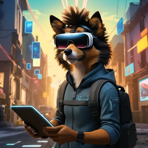 cachorro arafado usando um fone de ouvido de realidade virtual e segurando um tablet, an anthropomorphic cyberpunk fox, raposa d...