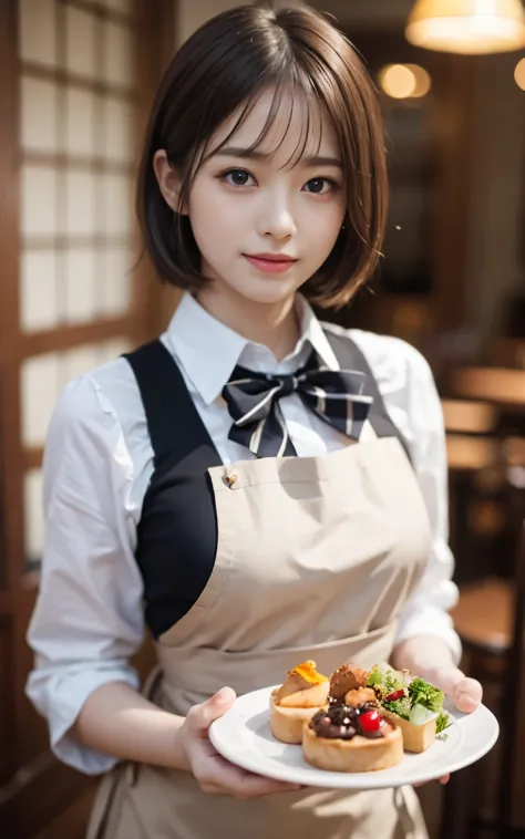 cute 21 year old japanese、apron, black bow tie、Waiter、Cafe、super detail face、pay attention to details、double eyelid、beautiful th...