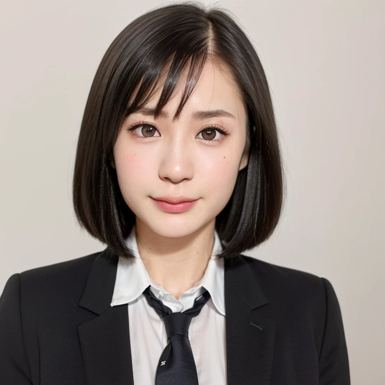 (kawaii 24 year-old Japanese girl, Nogizaka idol, Korean idol), (glossy black hair, very short hair, symmetric hair length, even hair length:1.3), (forehead), (rounded face, black eyes, single eyelid, no makeup, relaxed expression:1.2), (wearing blazer jacket, collared shirt, necktie:1.3), flat chest, extra small breasts, (looking straight at camera:1.2), BREAK, (simple white background:1.3), (view from straight forward, portrait,  id photo:1.3), face focus, BREAK, (masterpiece, best quality, photo realistic, official art:1.4), (UHD, 8K quality wallpaper, high resolution, raw photo, golden ratio:1.2), (shiny skin), professional lighting, physically based rendering, award winning, (perfect anatomy, highly detailed skin, extremely detailed face and eyes), Carl Zeiss 85 mm F/1.4, depth of field, 1girl, solo,