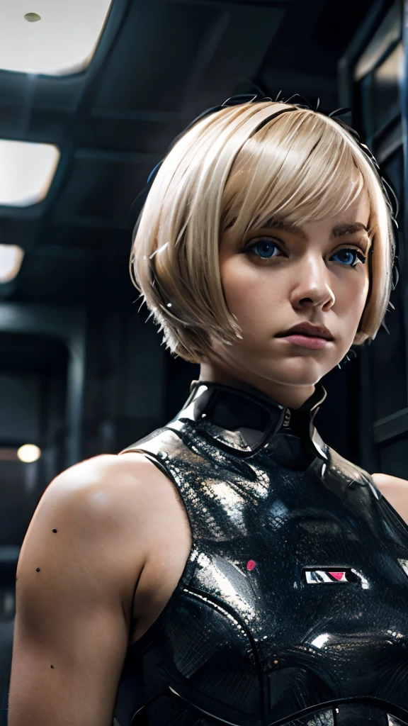 A short straight blonde haired british girl, bang, bob cut, blue eyes, 15 years old, young, pale skin, frightened, insecure expression, Ultra high res, uhd, (photorealistic:1.4), doll-like face, outdoor, futuristic environment, she is a  futuristic lethal enforcer, carrying a laser gun