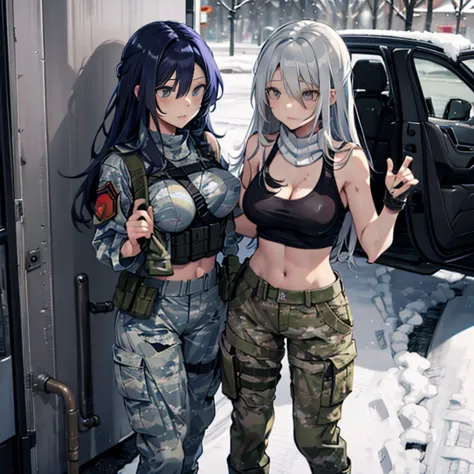 a group of  female soldiers, (in snow storm), various hair styles, tank top, harem, beautiful leg, midriff, camouflage military ...