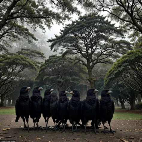 (a group of crows),(realistic, highres) A group of crows perching on the branches of an old tree, surrounded by a misty forest. ...