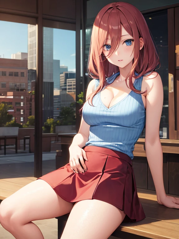 -Miku-season2,long hair,anime coloring,anime screen capture, sleeveless sweater, cleavage, micro skirt,whole body,beautiful toned legs,large breasts,downtown,masterpiece,best quality,super fine illustration,shiny skin,detailed skin,detailed face,detailed eyes,an extremely cute and beautiful