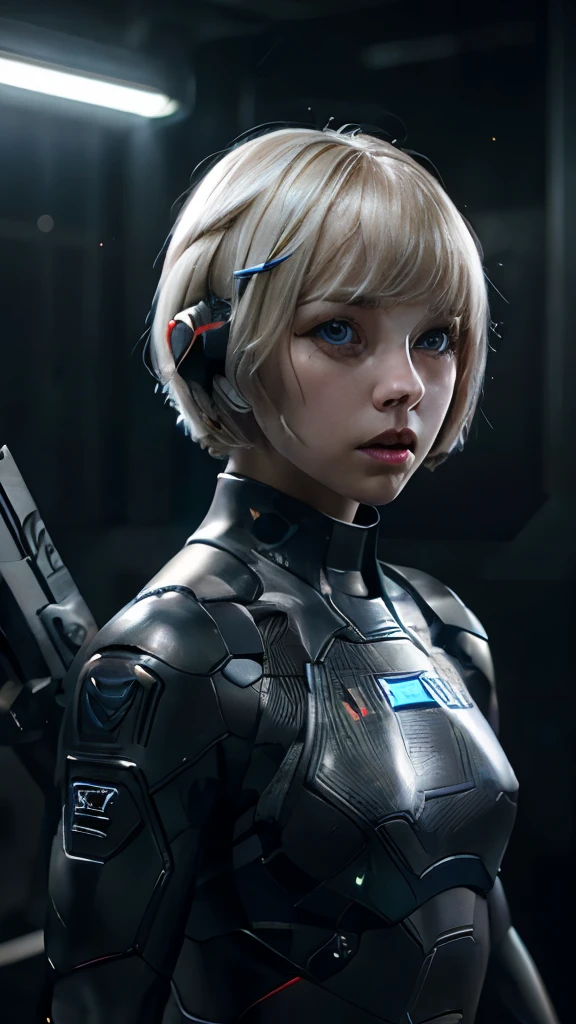 A short straight blonde haired british girl, bang, bob cut, blue eyes, 15 years old, young, pale skin, frightened, insecure expression, Ultra high res, uhd, (photorealistic:1.4), doll-like face, outdoor, futuristic environment, she is a  futuristic lethal enforcer, carrying a laser gun