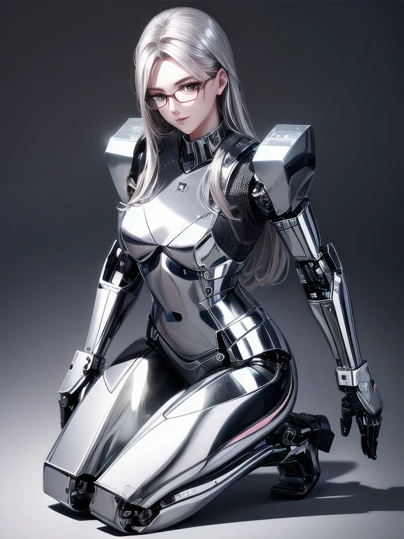 5 8K UHD, 
眼鏡をかけ、銀色のメタリックな体でひざまずく美しい機械の女性,
 光沢のある皮膚を持つ銀色の金属ロボット,
顔は美しい人間の顔です
