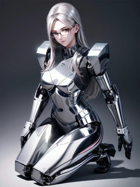 5 8K UHD, 
Beautiful mechanical woman with glasses and silver metallic body kneeling,
 A silver metal robot with shiny skin,
The face is a beautiful human face
