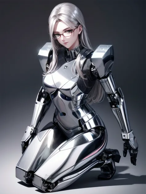 5 8K UHD, 
Beautiful mechanical woman with glasses and silver metallic body kneeling,
 A silver metal robot with shiny skin,
The...