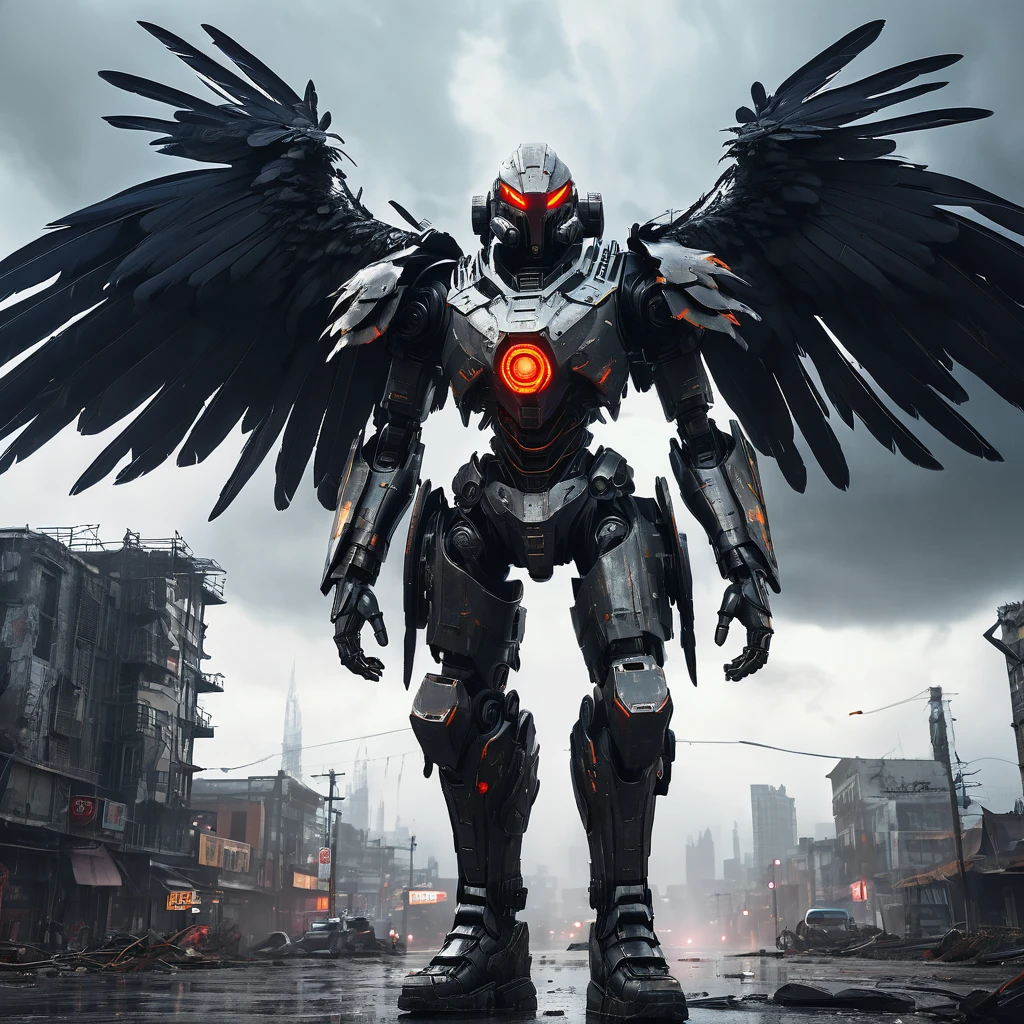 (highres:1.2),detailed battle cyborg,strides through ruined city with Crow theming,incredible attention to detail,metallic armor with intricate designs,glowing red eyes,feathers and wings on the back,sinister atmosphere,dark and desolate streets,destroyed skyscrapers in the background,mysterious fog,ominous shadows,contrast of vibrant city lights with the dystopian setting,post-apocalyptic ambiance,gritty and gritty textures,high-tech weapons and gadgets,mechanical limbs,sparks of electricity,fine reflection and shine on the armor,sharp and dramatic lighting effects,slightly desaturated color palette,expressive pose and dynamic movement,ominous clouds hanging in the sky.