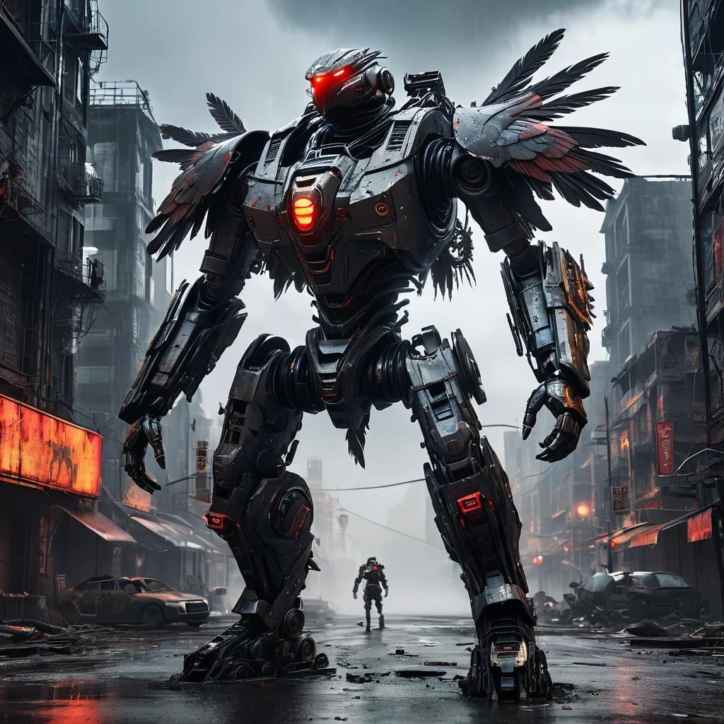 (highres:1.2),detailed battle cyborg,strides through ruined city with Crow theming,incredible attention to detail,metallic armor with intricate designs,glowing red eyes,feathers and wings on the back,sinister atmosphere,dark and desolate streets,destroyed skyscrapers in the background,mysterious fog,ominous shadows,contrast of vibrant city lights with the dystopian setting,post-apocalyptic ambiance,gritty and gritty textures,high-tech weapons and gadgets,mechanical limbs,sparks of electricity,fine reflection and shine on the armor,sharp and dramatic lighting effects,slightly desaturated color palette,expressive pose and dynamic movement,ominous clouds hanging in the sky.