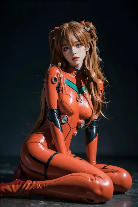 best quality, masterpiece, realistic, photorealistic, 1girl, solo, looking at viewer, full body, sitting, long hair, asuka cospl...