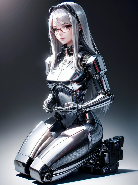 5 8K UHD, 
眼鏡をかけ、銀色のメタリックな体でひざまずく美しい機械の女性,
 光沢のある皮膚を持つ銀色の金属ロボット,
顔は美しい人間の顔です
