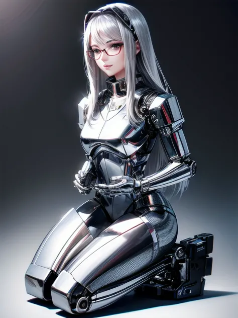 5 8K UHD, 
Beautiful mechanical woman with glasses and silver metallic body kneeling,
 A silver metal robot with shiny skin,
The...