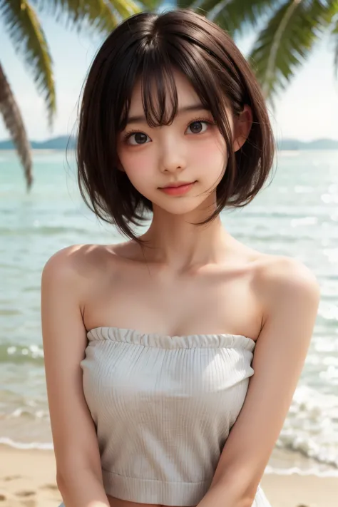 ((sfw: 1.4)), ((sfw, bandeau top, beach, bony body, extra short hair, sidelocks-hair, smile, 1 girl)), ultra high resolution, (r...