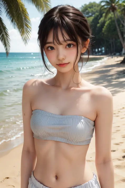 ((sfw: 1.4)), ((sfw, bandeau top, beach, bony body, extra short hair, sidelocks-hair, smile, 1 girl)), ultra high resolution, (real: 1.4), RAW photo, highest quality, (photorealistic), focus ,Soft light,((15 years old)),((Japanese)),(((Young face))),(Surfa...
