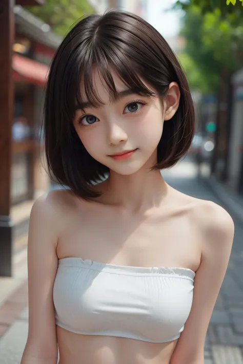 ((sfw: 1.4)), ((sfw, bandeau top, bony body,  extra short hair, sidelocks-hair, smile, 1 girl)), ultra high resolution, (real: 1.4), RAW photo, highest quality, (photorealistic), focus ,Soft light,((15 years old)),((Japanese)),(((Young face))),(Surface),(D...