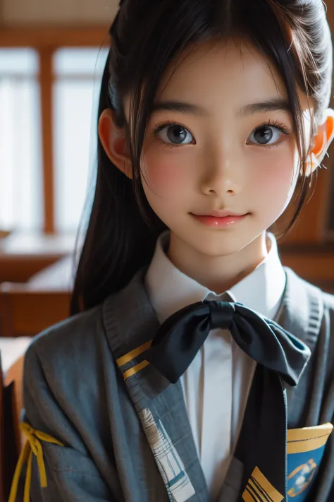 Beautiful 12 year old Japanese woman), cute face, (deeply carved face:0.7), (freckles:0.6), soft light,healthy white skin, shy, (serious face), thin, smile, uniform, ponytail