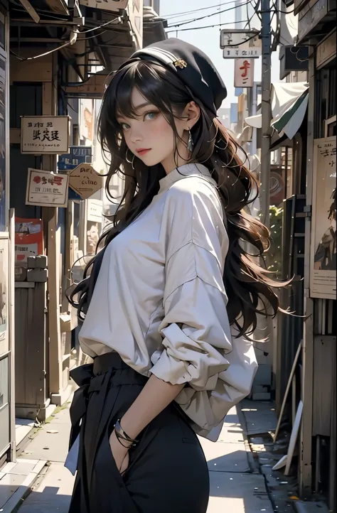 Photo of a beautiful Asian woman standing on a street corner, Perfect model body shape, Stylish pants style, Colorful brown swea...