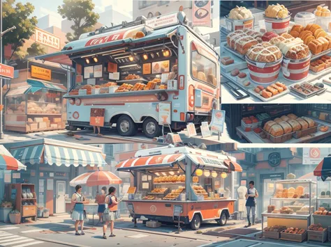 1 food truck, A girl selling breakfast, Morning, LED light, Color LED, Sandwiches, drinks, Menus,  Breakfast 5 euros, 製作Sandwich...