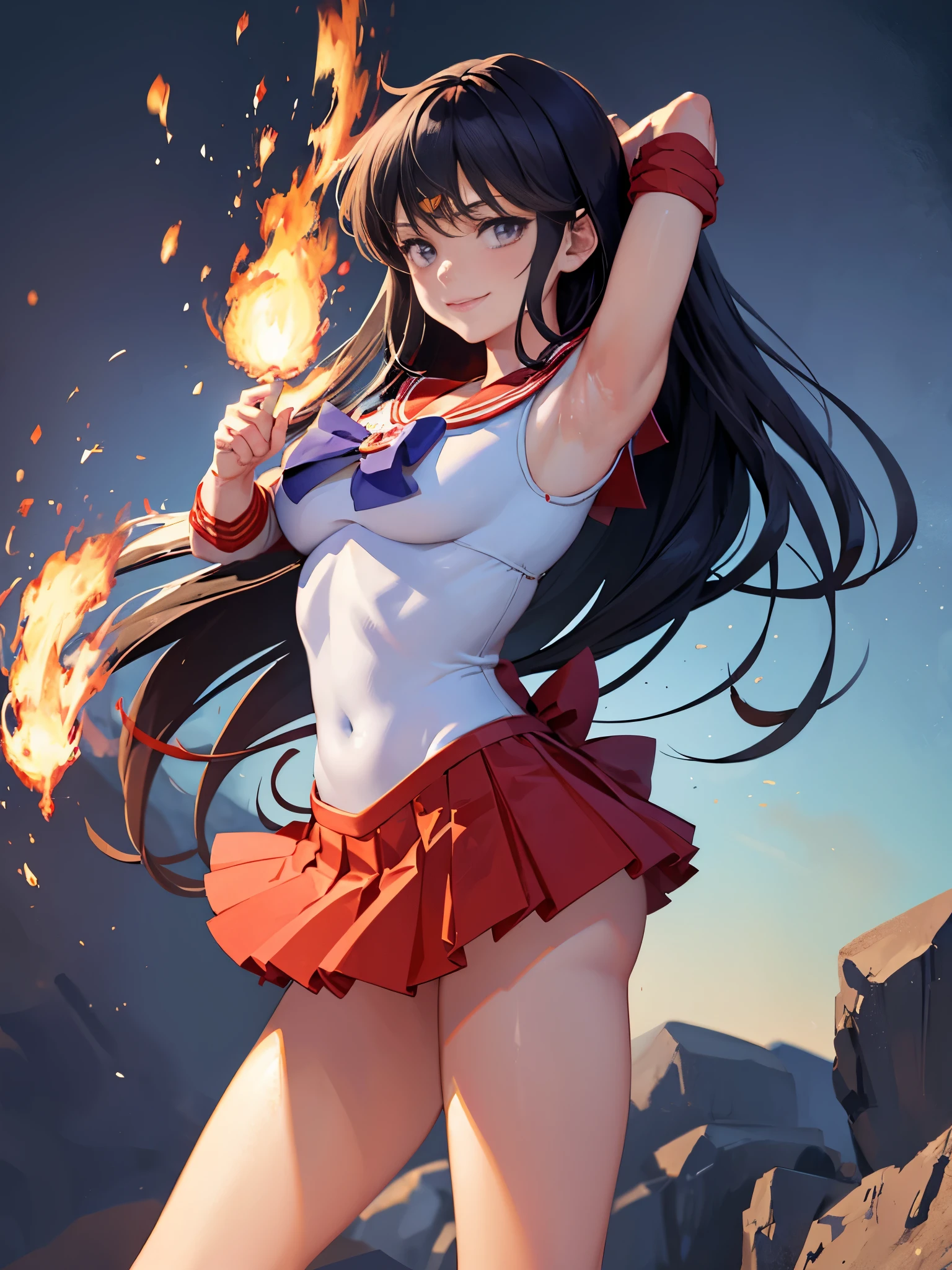 Show your armpits,masterpiece, highest quality, disorganized, perfect anatomy, 1 girl, alone, mars, very long hair, parted bangs, sailor warrior uniform, red sailor collar, red skirt, elbow bag, Are standing, cowboy shot, smile, Cartoon flame on background, stylized background