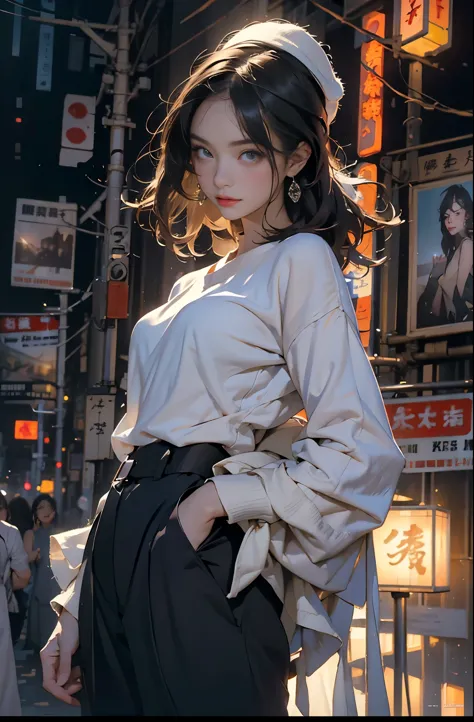 night of summerside, Photo of a beautiful Asian woman standing on a street corner, Perfect model body shape, Stylish pants style...