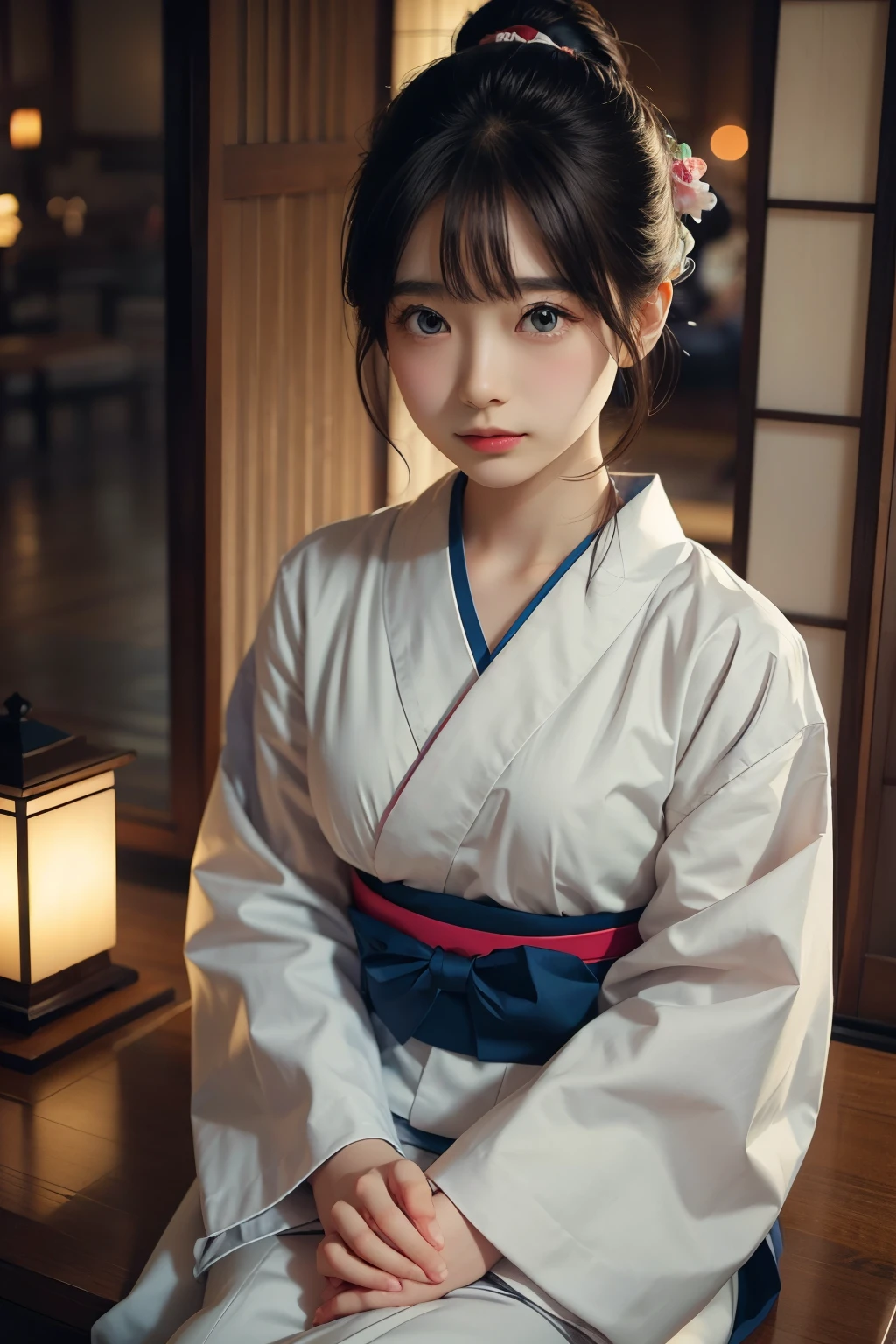 現実的, 一人で, 美しい日本人女性, 伝統的な着物, 自然な外観, 優しい笑顔, 印象的な光景, 伝統的な髪型, 夕暮れの和室, 窓際に座る, 街の明かりに照らされた, (魅力的なポーズ), プロカメラマン, 被写界深度が浅い, バックライト付き,