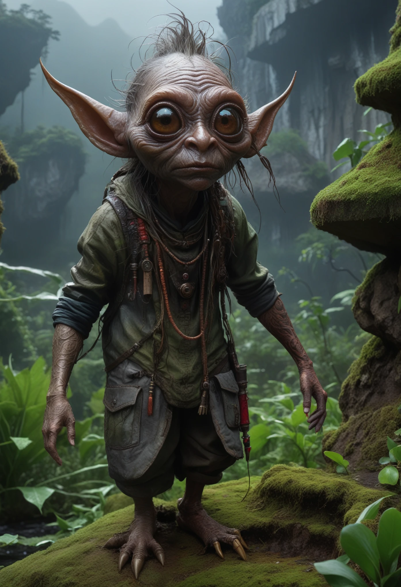 full-body-shot,Very tall , who can't fly,Cinematic, Technicolor,natural skin textures, hyper realisitc, hyper detailed,Extremely detailed,High contrast,Realistic,Chalsedoon goblin, back view,full body length,evil ghost,Hobgoblin,pretty face,intricate details,realistic humid skin,extremely intricate details,anatomically correct, eyes extremely detailed, high detailed eyes,High contrast,Ultra HD,Retina,HDR,photo,photorealism,Masterpiece, natural skin textures, hyper realism,hyper detailed,High contrast,(HDR:1.4),Realism,Ultra Detailed,irina yermolova, close full body shot,16K resolution,RAW, Nikon Z9,Paul Zizka,full body length,niobium goblin,native irish,pretty face,eyebrow up,full body shot,ominous landscape,niobium gray atmosphere,by art Simon Stalenhag,Nicola Samori,(((Wangechi Mutu))),prime colors,urban,extremely detailed,masterpiece,intricate details,faded,eyes extremely detailed, high detailed eyes,4k resolution,islands levitating above ground, Nikon Z9,scary village,stalker,Stone Forest in Yunnan Province of China