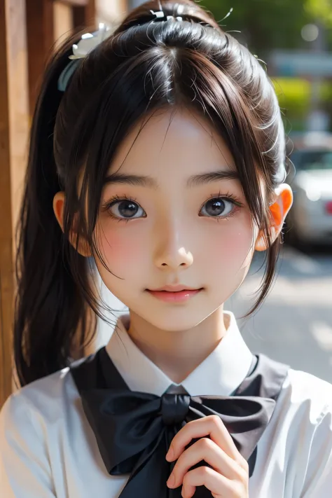 (Beautiful 13 year old Japanese woman), cute face, (deeply carved face:0.7), (freckles:0.6), soft light,healthy white skin, shy, (serious face), thin, smile, uniform, ponytail