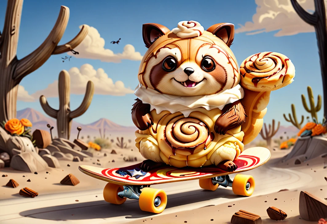 Rolos de Canela Crépe Tanuki andando de Skate no Cemitério no Deserto, Estilo de Hellper 