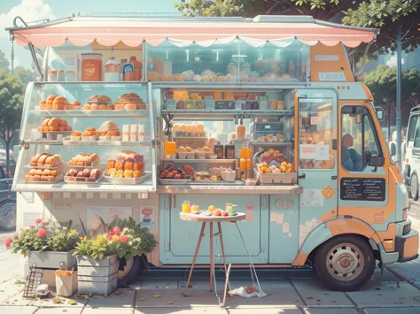 1 food truck, A girl selling breakfast, Morning, LED light, Color LED, Sandwiches, drinks, Menus,  Breakfast 5 euros, 製作Sandwich...
