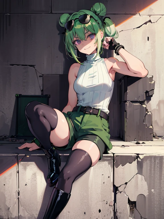 (highres), (best quality), (detailed) 1 girl, alone, medium hair, pastel green hair, twin buns, evil smile, violet eyes, round black sunglasses on head, black sleeveless turtleneck top, green shorts, dark brown boots, black bracelets, day time, abandoned place, wall, provoking pose