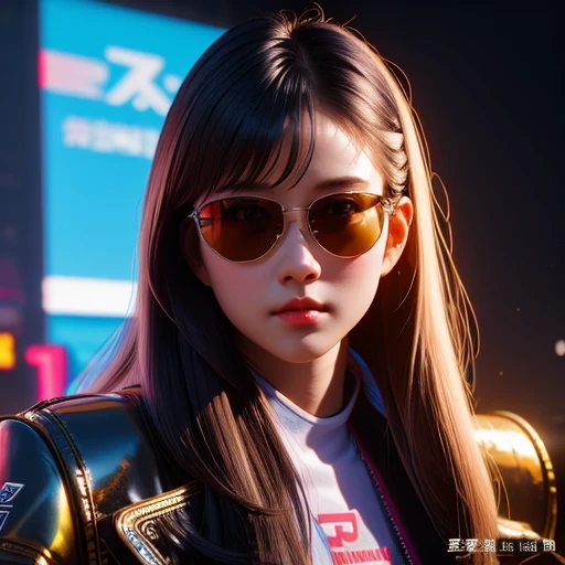 (masterpiece, best quality:1.2), 1girl, ((masterpiece, highest quality, Highest image quality, High resolution, photorealistic, Raw photo, 8K)), Retro Game, Nintendo, SEGA, Namco, Cyberpunk 1:25 miniatures，illustration，Side viewing angle，（（Side viewing angle）），Wear gold wire-rimmed reflective sunglasses，Carry future weapons，very happy，Side viewing angle，whole body，three-dimensional，octane rendering，Perfect face，Collagen texture