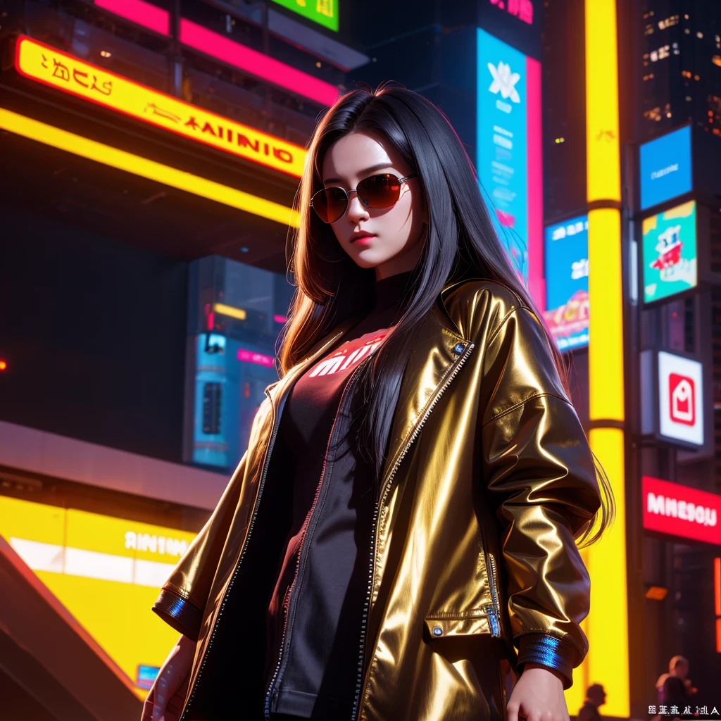 (masterpiece, best quality:1.2), 1girl, ((masterpiece, highest quality, Highest image quality, High resolution, photorealistic, Raw photo, 8K)), Retro Game, Nintendo, SEGA, Namco, Cyberpunk 1:25 miniatures，illustration，Side viewing angle，（（Side viewing angle）），Wear gold wire-rimmed reflective sunglasses，Carry future weapons，very happy，Side viewing angle，whole body，three-dimensional，octane rendering，Perfect face，Collagen texture