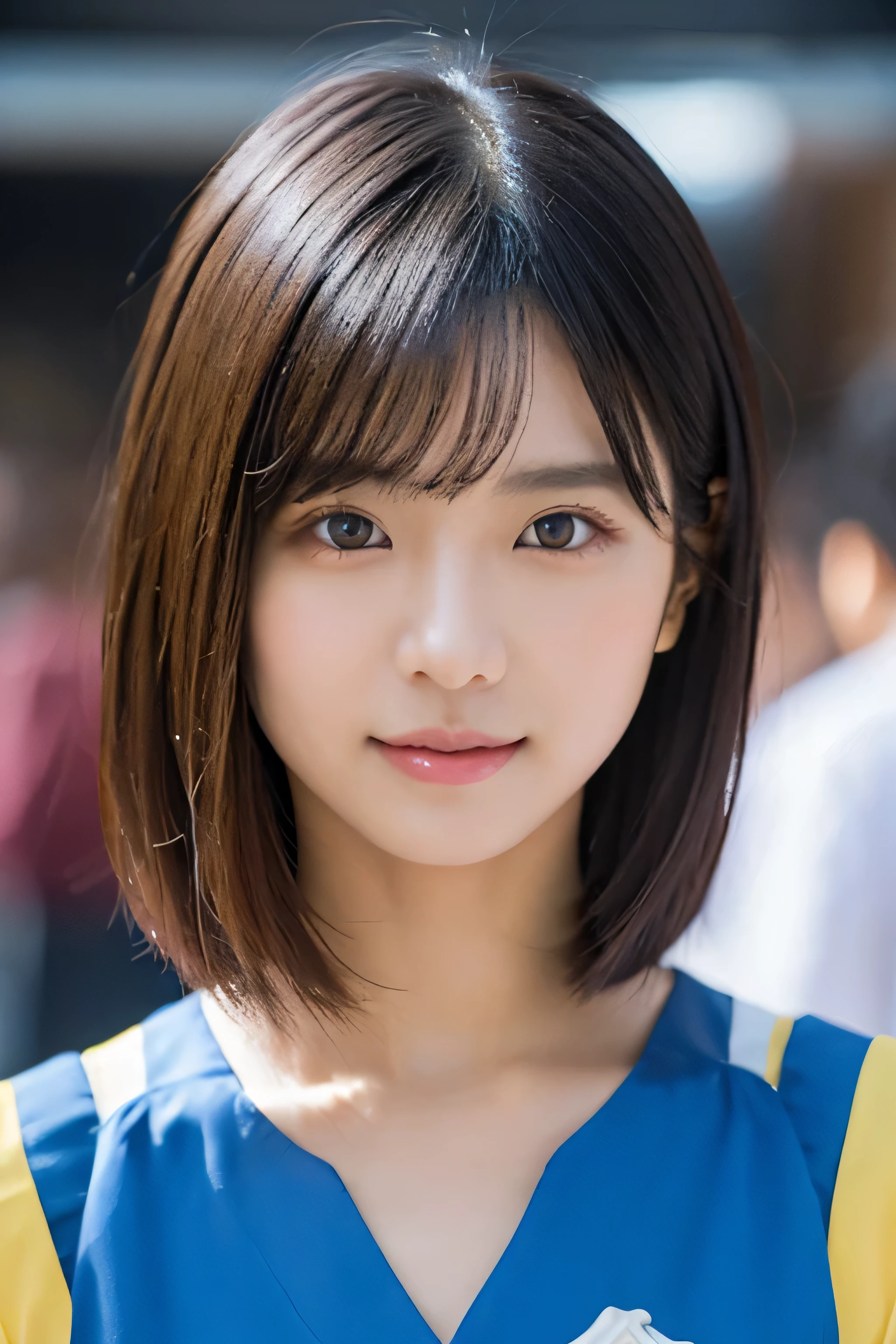 1 girl, (Wearing an idol costume:1.2), Very beautiful Japan idols、((looking at the camera、fluttering hair、Backstage view、Upper body from the waist up、Upper body:1.2))
(Raw photo, highest quality), (realistic, Photoreal:1.4), (masterpiece), 
very delicate and beautiful, very detailed, 2k wallpaper, wonderful, finely, very detailed CG Unity 8k wallpaper, Super detailed, High resolution, soft light, 
beautiful detailed girl, very detailed目と顔, beautifully detailed nose, finely beautiful eyes, cinematic lighting, 
(Simple background in bright colors:1.3),
(short hair), (parted bangs), 
complete anatomy, slender body, Normal firm breasts, smile