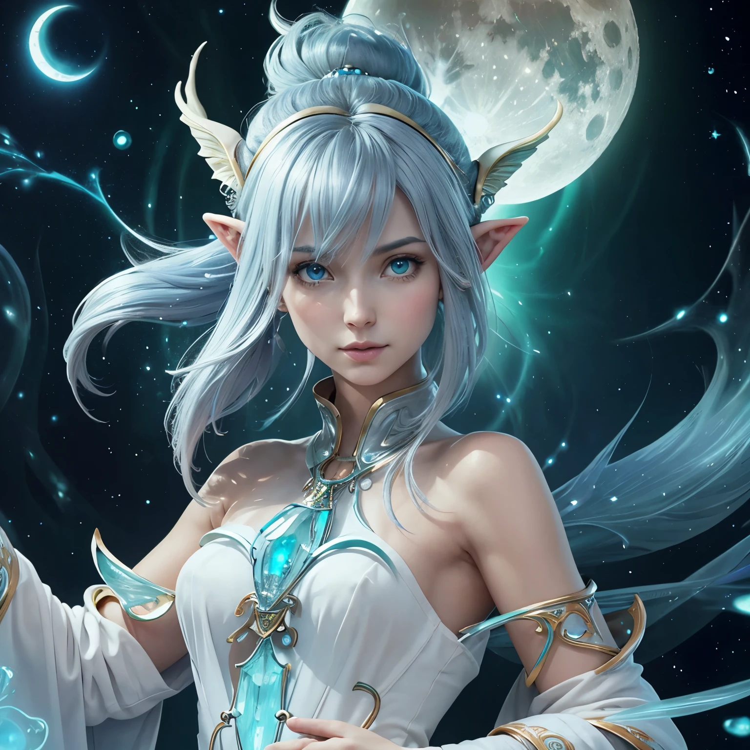 8K detailed portrait of a moon elf with flowing hair, ethereal features, and expressive eyes. The elf's skin has a cool, moonlit tone and may have bioluminescent details. The elf wears delicate jewelry made of moonstone or pearls. Consider including a crescent moon or starry background. Inspired by mythical elves, bioluminescence, and Art Nouveau.