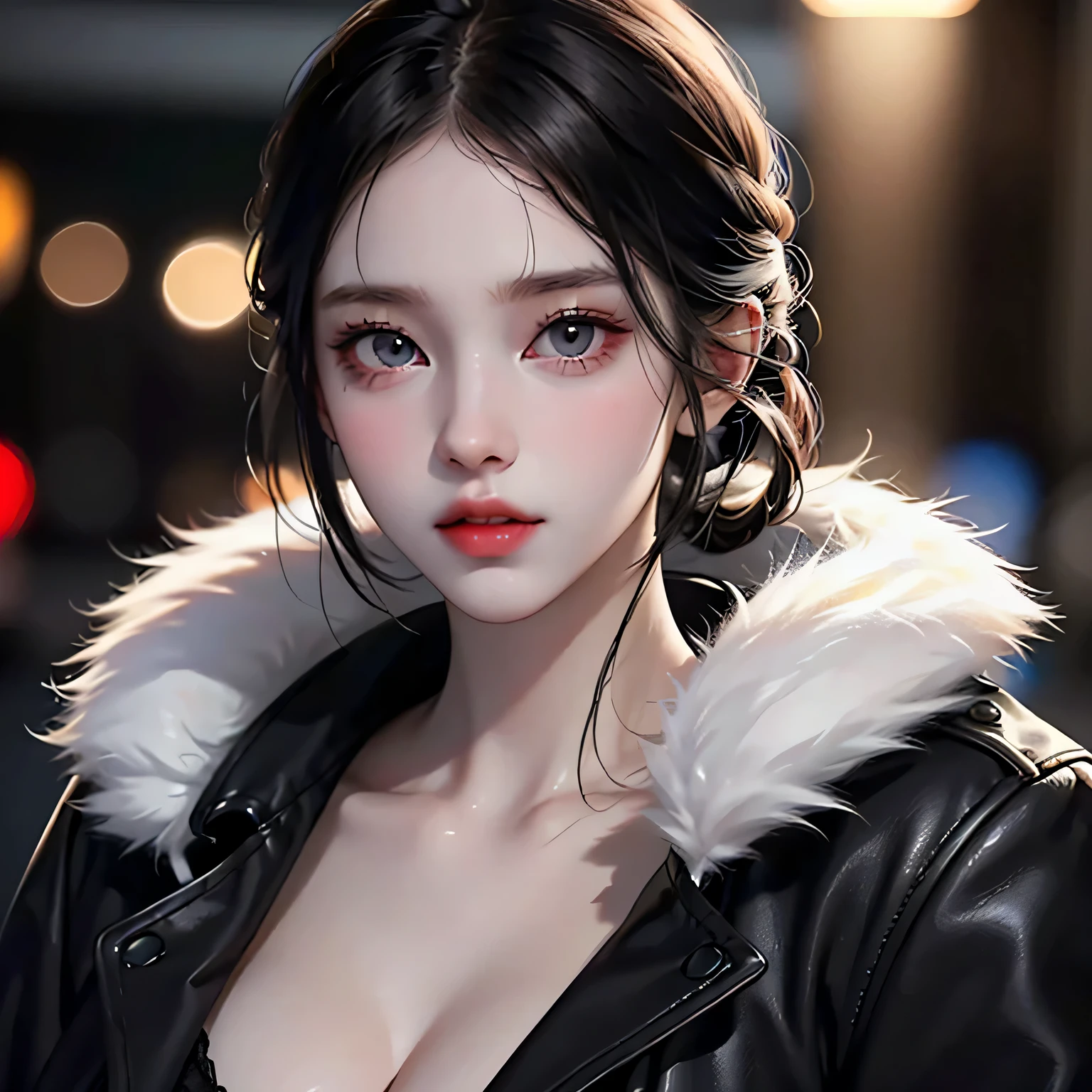 Beautiful girl with realistic black eyes, pale skin, medium length black hair, perfect face, perfect eyes, wearing a coat, very detailed, comprehensive movie, digital painting, 8K, cinematic lighting, highest quality, High resolution, Great job!, Post-processing, perfect result, surreal，(((revealing clothes)))，big breasts