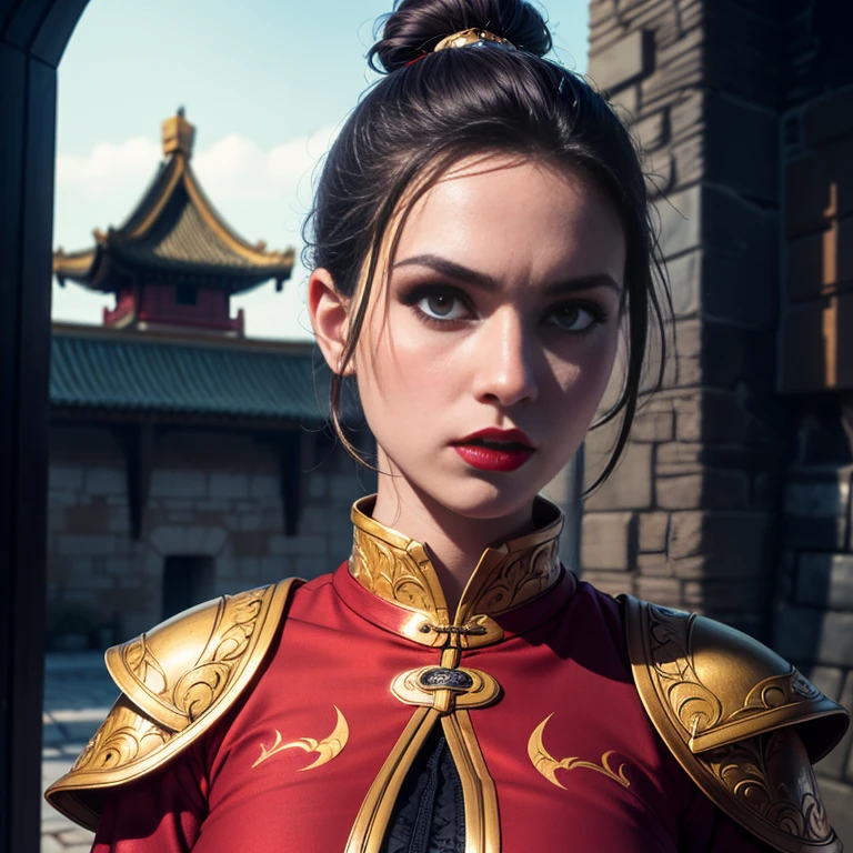 ultra realistic 8k cg, masterpiece, ((ultra detailed background, delicate pattern, intricate detail, highly detailed, fine details best quality, hyperdetailed face)), (photorealistic:1.4),beautiful lighting, absurdres, RAW photo, film grain, Azula, 1girl, solo, black hair, brown eyes, makeup, lipstick, red lips, single hair bun, navel, sidelocks, hair ornament, ((medium breasts, slim girl)), ((armor, chinese clothes, capelet, boots)), ((complex detailed background, inside, dim lighting, moody lighting, inside castle, castle wall, inside, medieval Chinese castle environment)), ((close-up, portrait)),  